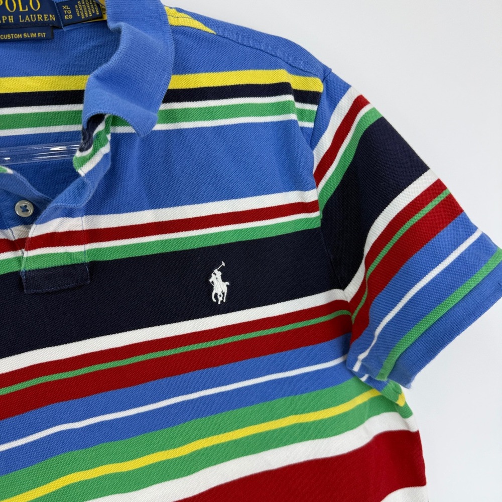 Polo Ralph Lauren Polo Shirt Mens XL Blue Multicolor Striped Custom Slim Fit